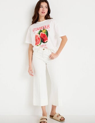 Jean wide leg cropped taille haute denim blanc femme