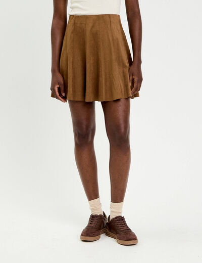 Jupe courte &eacute;vas&eacute;e aspect daim marron fonc&eacute; femme