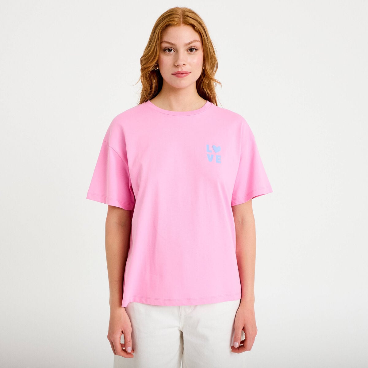 T-shirt droit col rond manches courtes rose corail femme