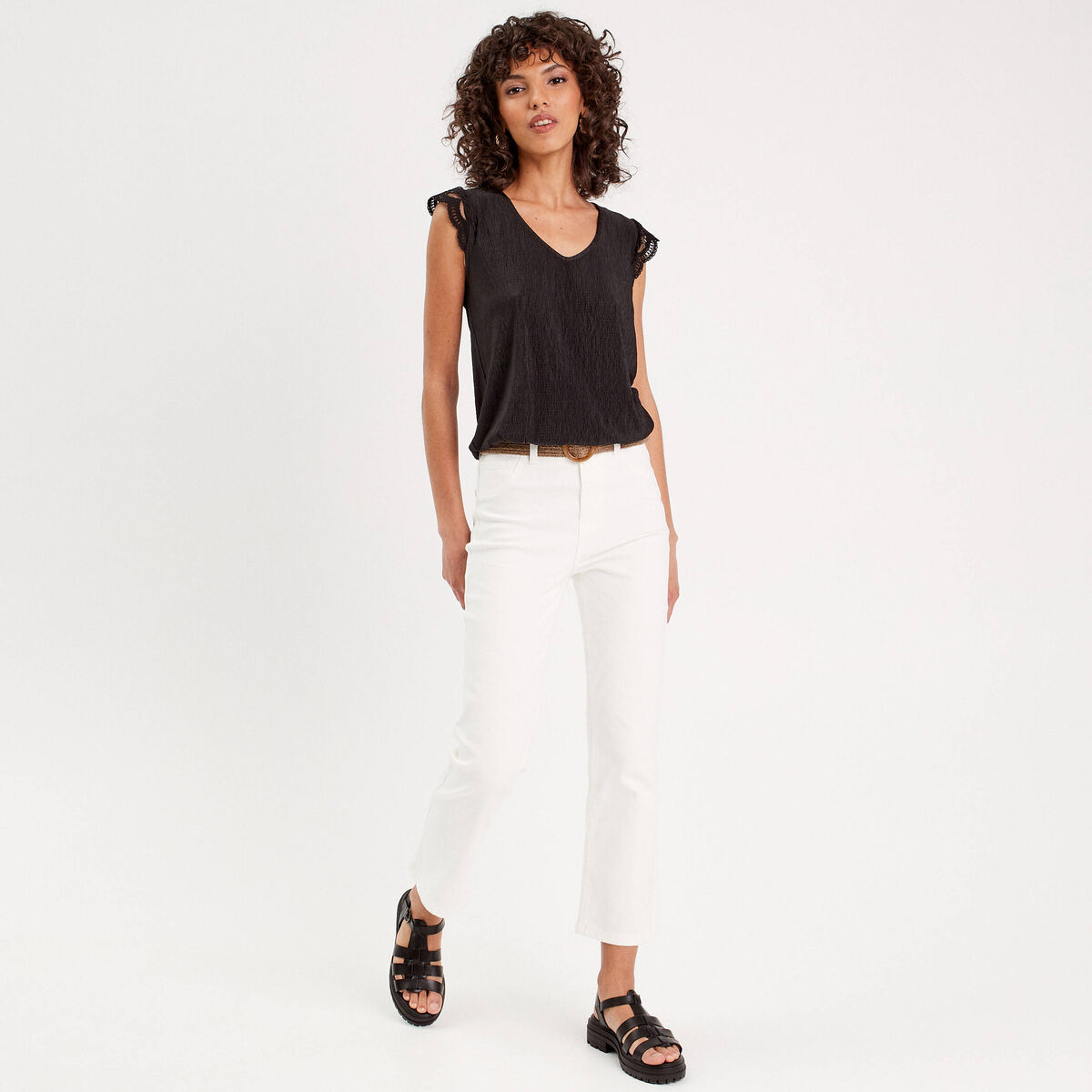 Blouse sans manches pliss&eacute;e noir femme