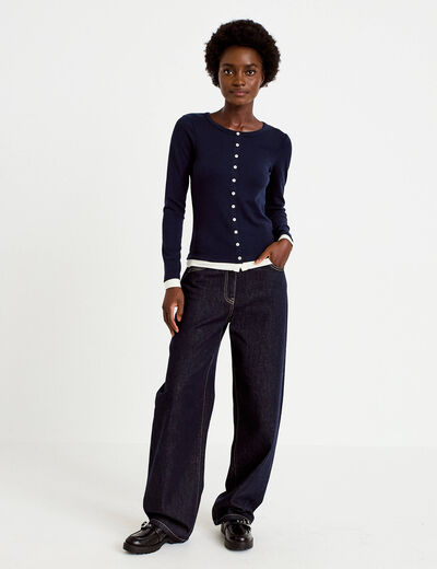 Top col rond manches longues bleu marine femme