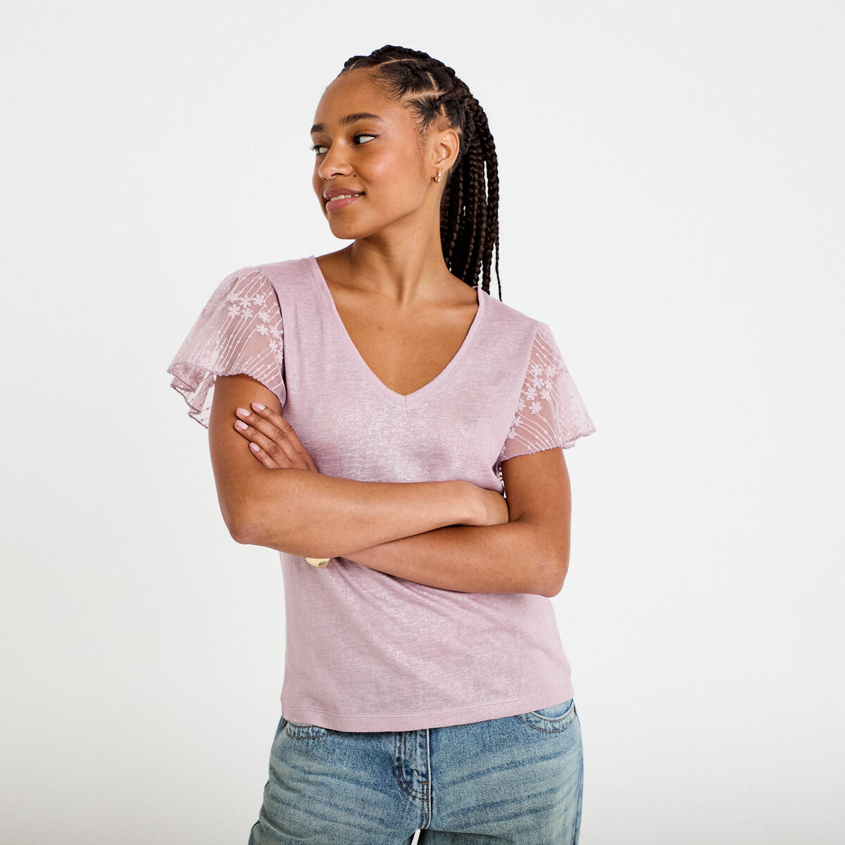 T-shirt manches dentelle parme femme