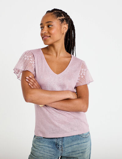 T-shirt manches dentelle parme femme