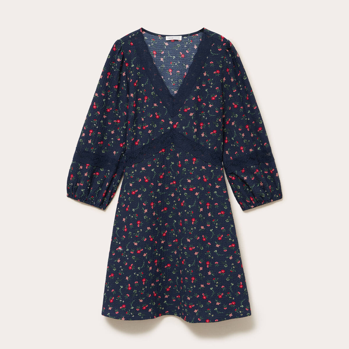 Robe &eacute;vas&eacute;e col v manches longues bleu marine femme