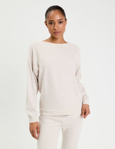 Sweat duveteux col rond manches longues sable femme