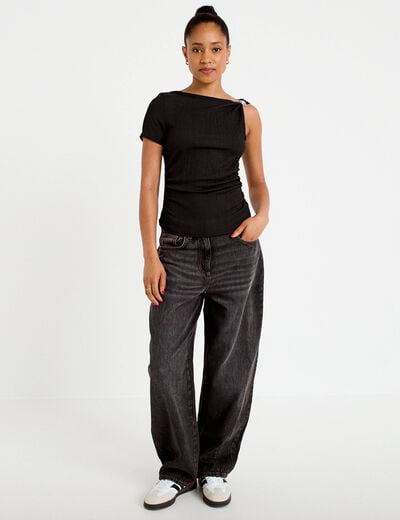 Top one shoulder pliss&eacute; manches courtes noir femme
