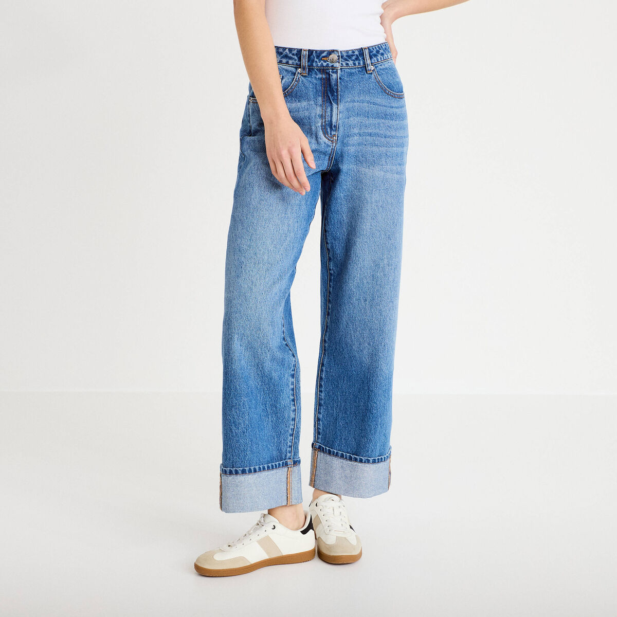 Jeans droit &agrave; revers denim double stone femme