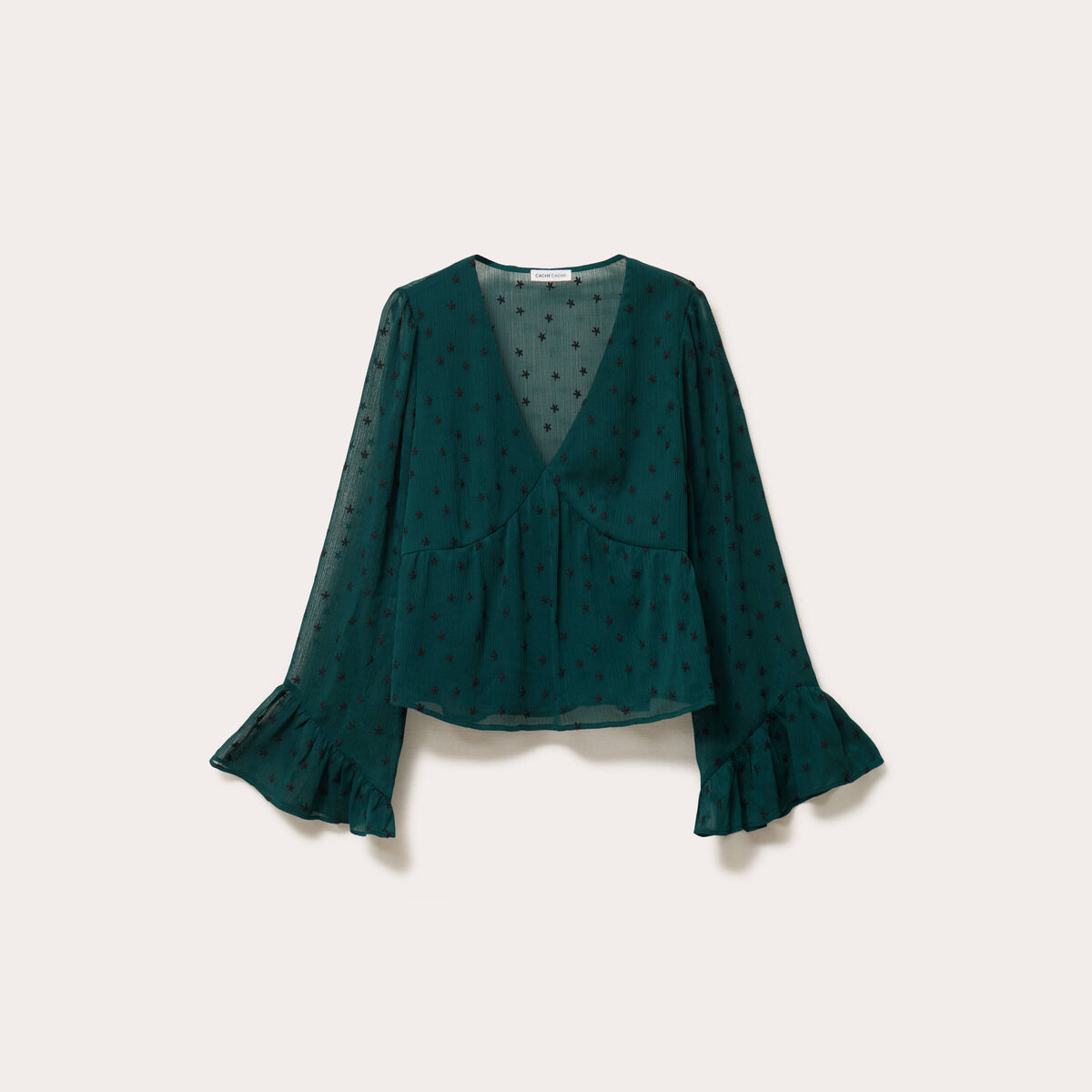 Blouse brod&eacute;e volant&eacute;e vert fonc&eacute; femme