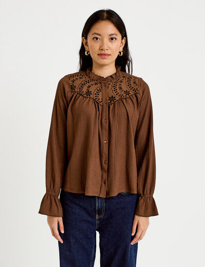 Blouse droite manches longues pliss&eacute;e marron femme
