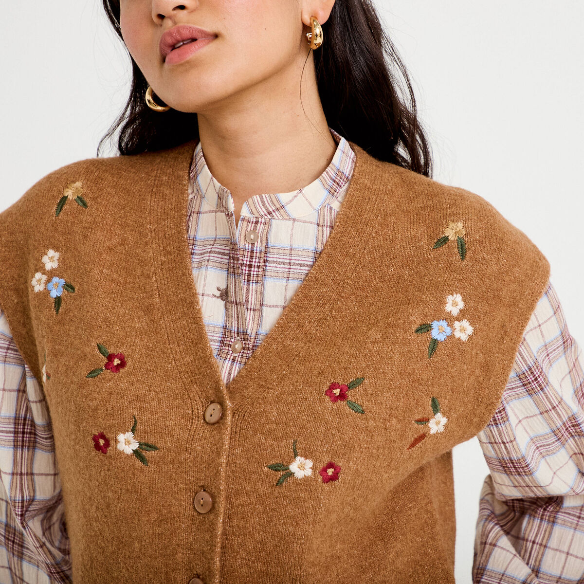 Gilet sans manches col v broderie marron femme