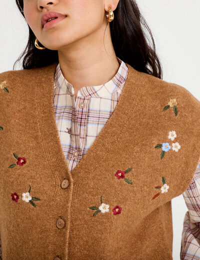 Gilet sans manches col v broderie marron femme
