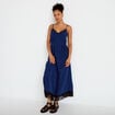 Robe longue &eacute;vas&eacute;e col v dentelle bleu marine femme