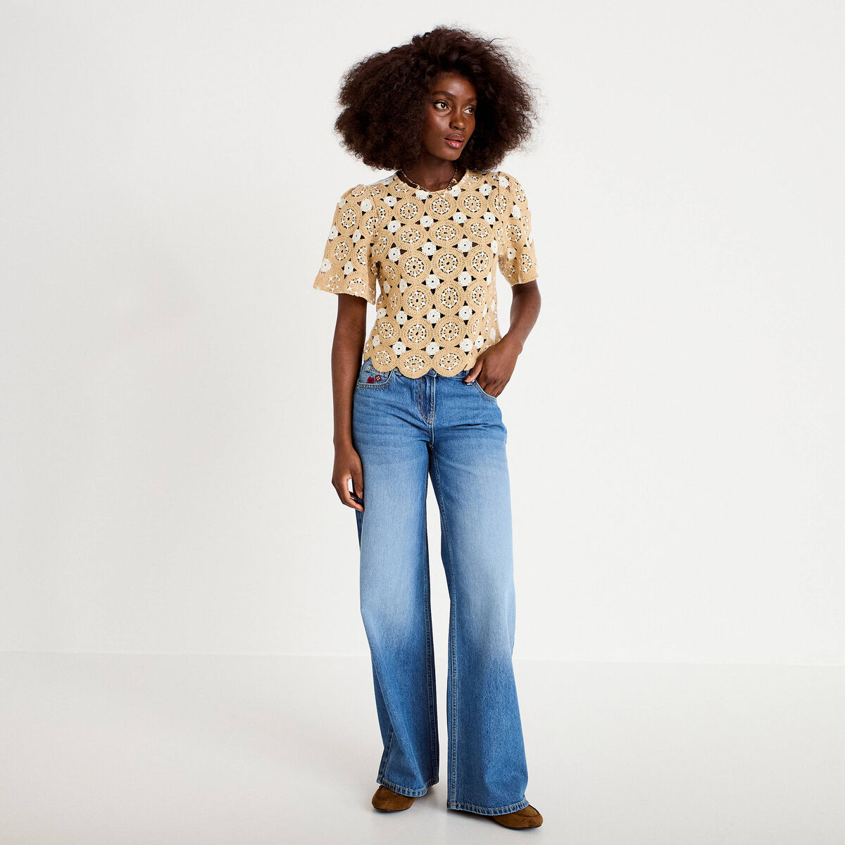 T-shirt manches courtes aspect dentelle sable femme