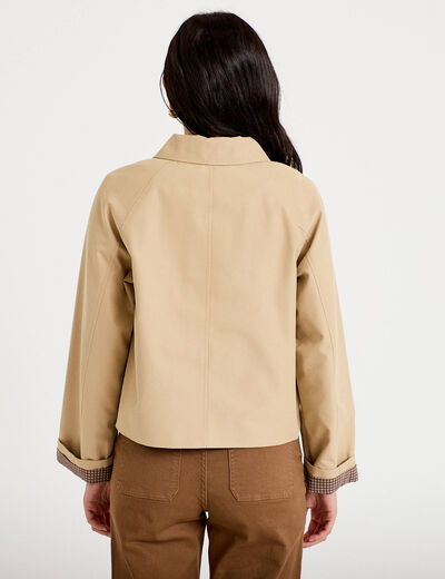 Veste courte boutonn&eacute;e doublure vichy beige femme