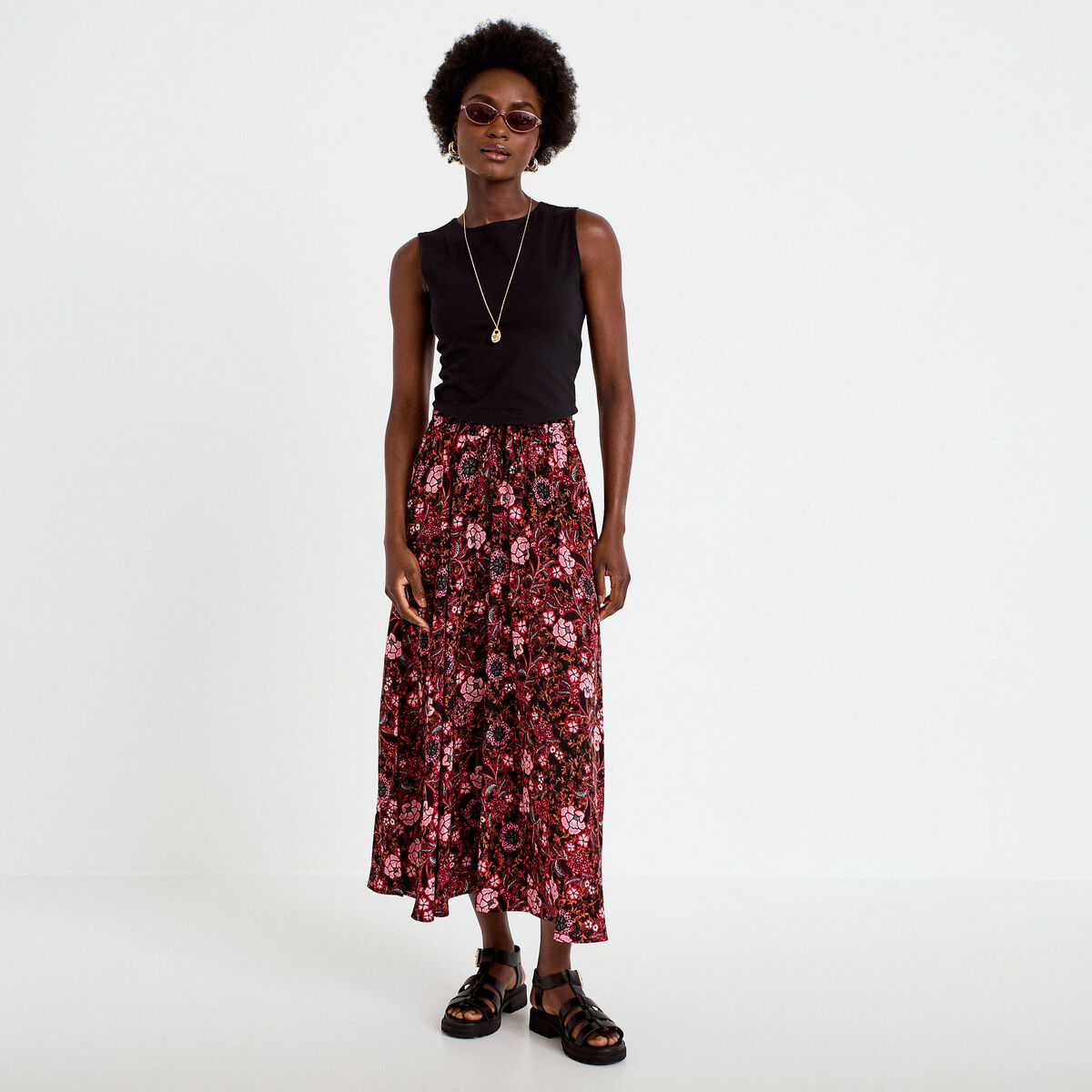 Jupe longue &eacute;vas&eacute;e satin&eacute;e noir femme
