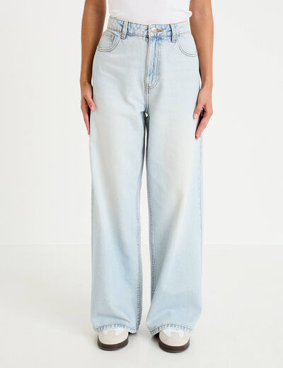 Jean wide leg taille haute Petite denim bleach femme