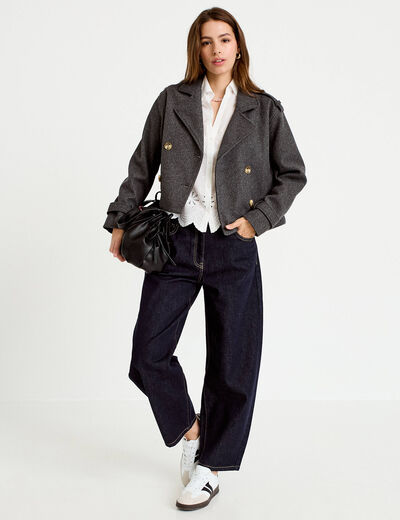 Trench court boutonn&eacute; gris femme