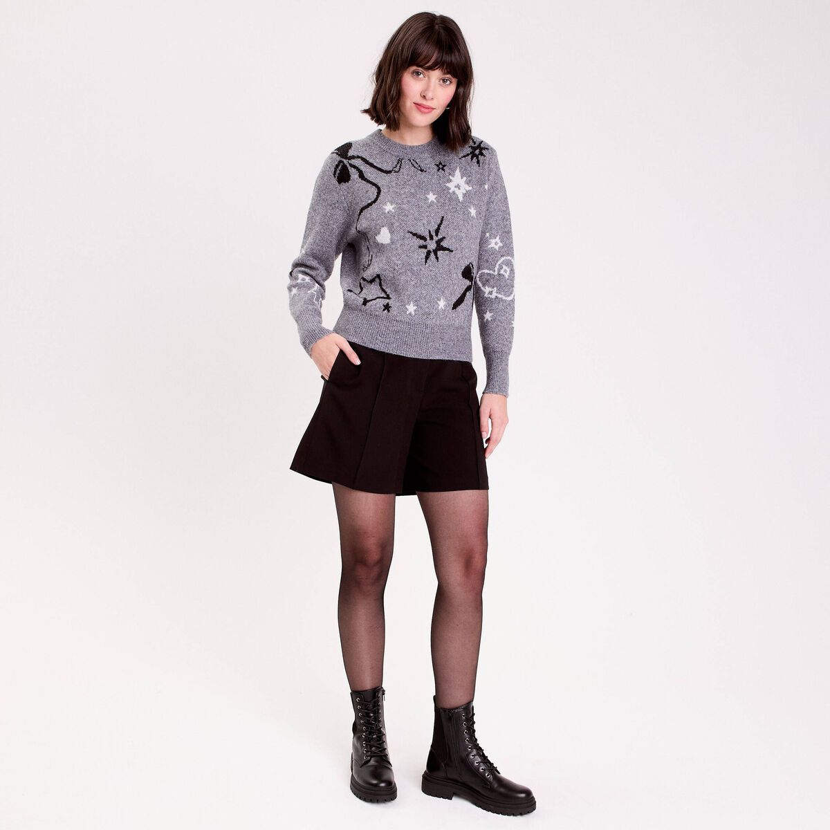 Pull manches longues gris fonc&eacute; femme