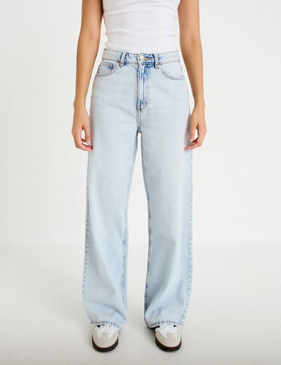 Jeans wide leg taille haute denim bleach femme