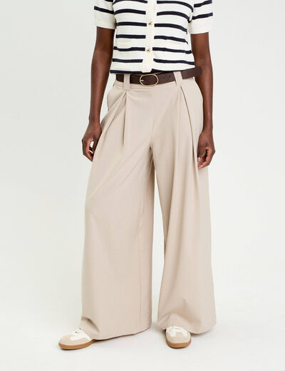 Pantalon large avec ceinture beige femme