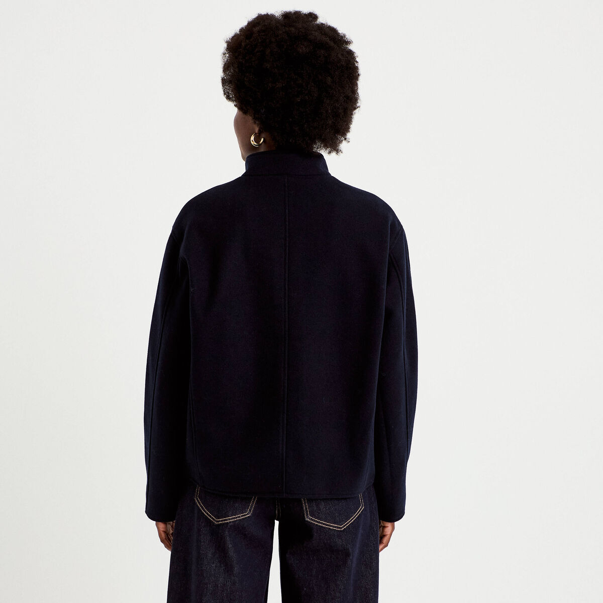 Veste droite col mao manches longues bleu marine femme
