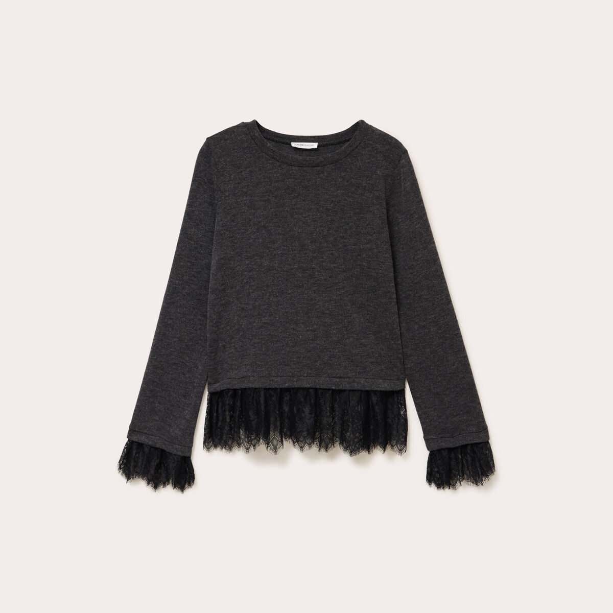 Pull d&eacute;tails de dentelle gris fonc&eacute; femme