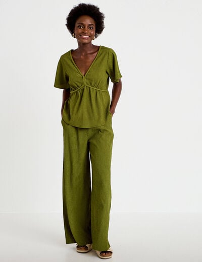 Pantalon large fluide taille haute vert kaki femme