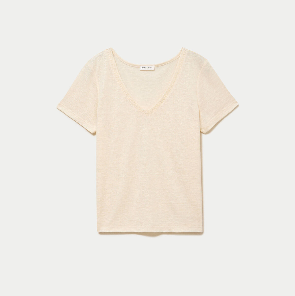 T-shirt col v dentelle manches courtes couleur or femme