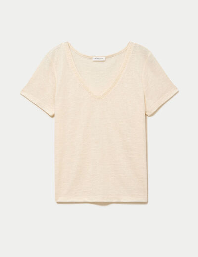 T-shirt col v dentelle manches courtes couleur or femme