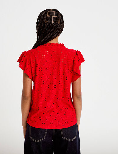 Blouse ajour&eacute;e col v manches courtes rouge femme