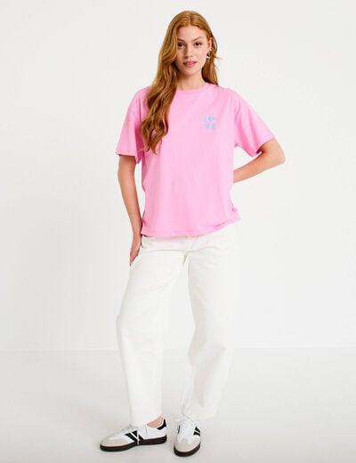 T-shirt droit col rond manches courtes rose corail femme
