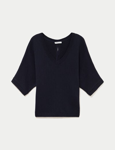 Pull ample col v manches courtes bleu marine femme