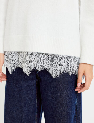 Pull manches longues avec dentelle ecru femme