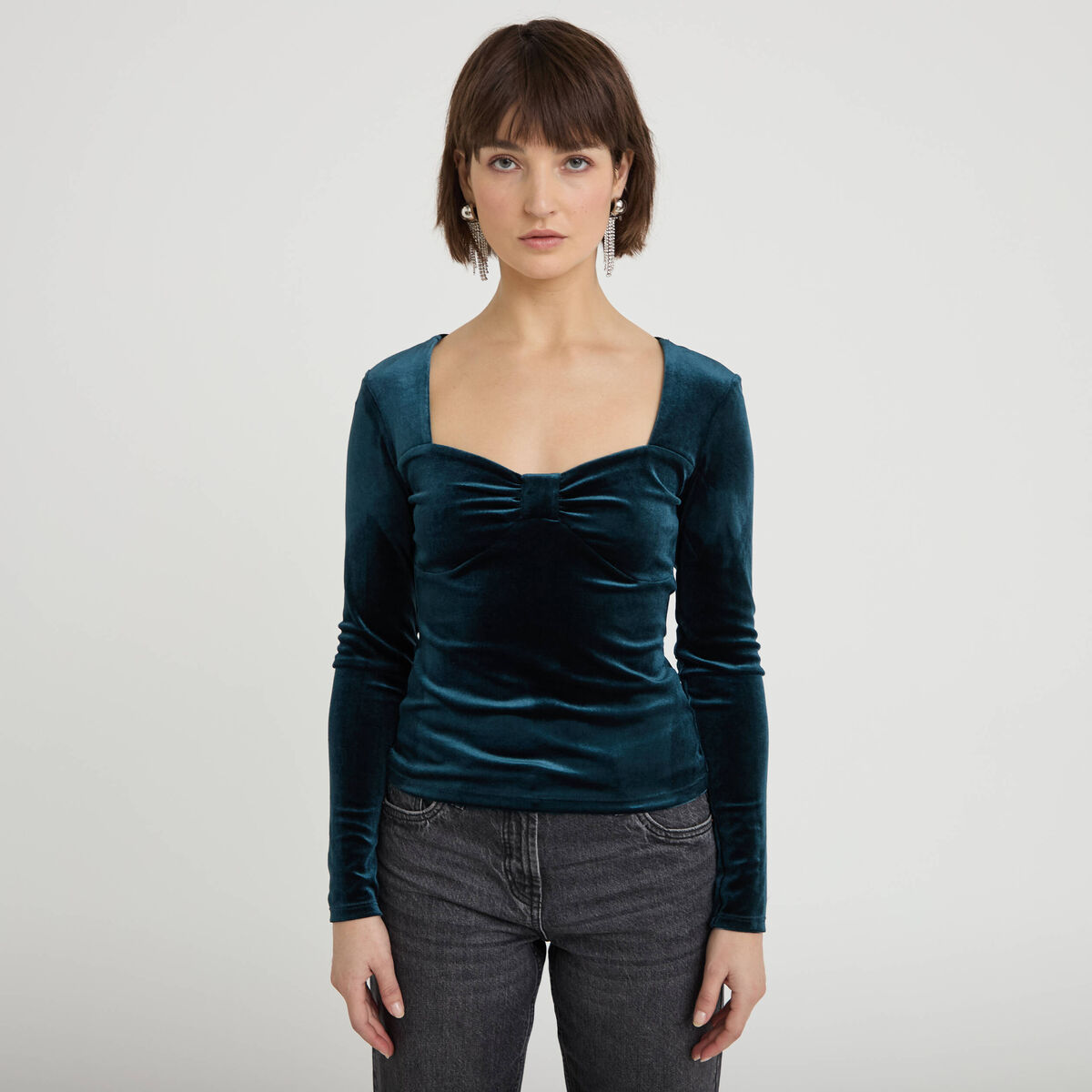 Top ajust&eacute; velours bleu canard femme