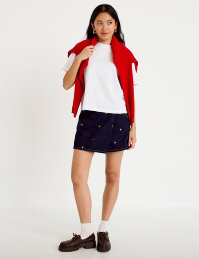 Jupe-short trap&egrave;ze en jean bleu marine femme