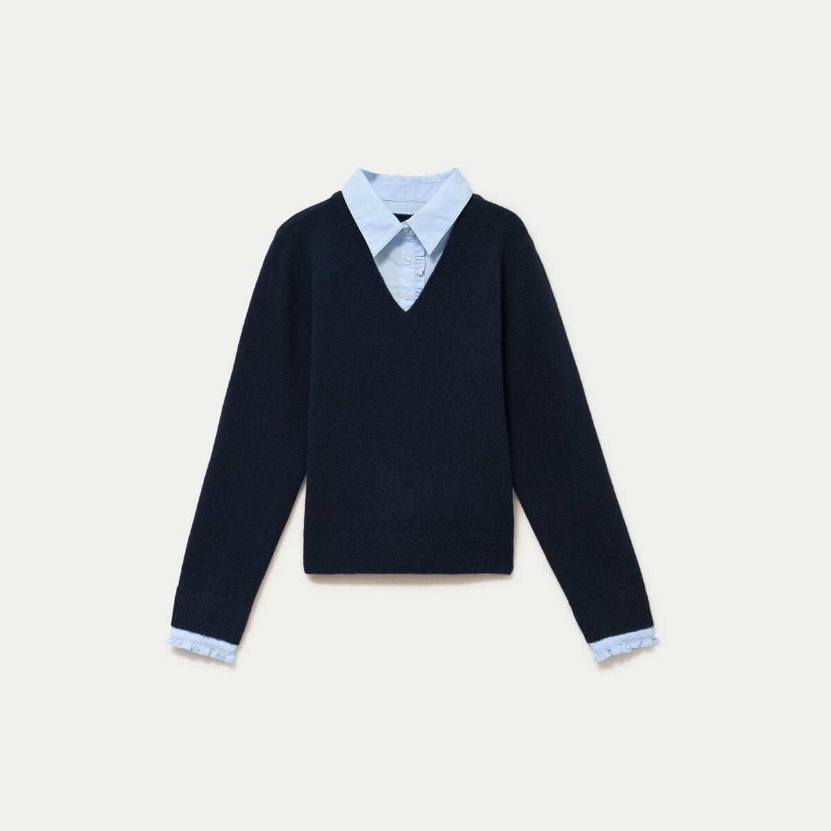 Pull col chemise manches longues bleu marine femme