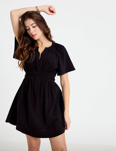 Robe courte &eacute;vas&eacute;e manches courtes noir femme