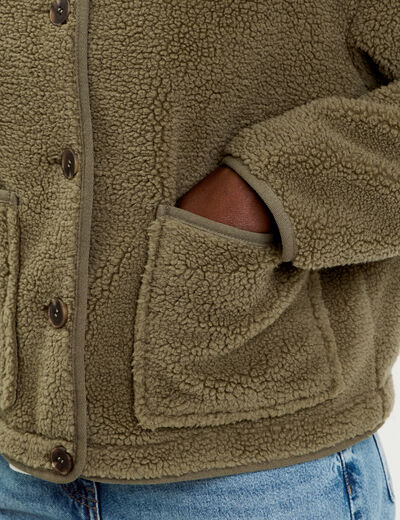 Veste droite courte effet polaire vert kaki femme