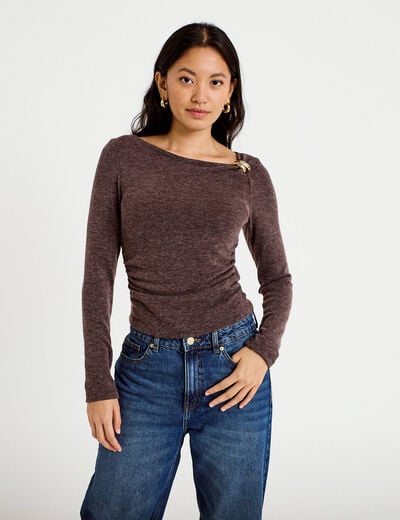 Top cintr&eacute; col bateau manches longues marron fonc&eacute; femme