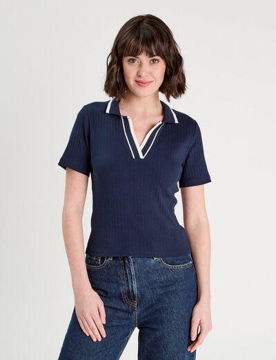 Polo c&ocirc;tel&eacute; manches courtes bleu marine femme