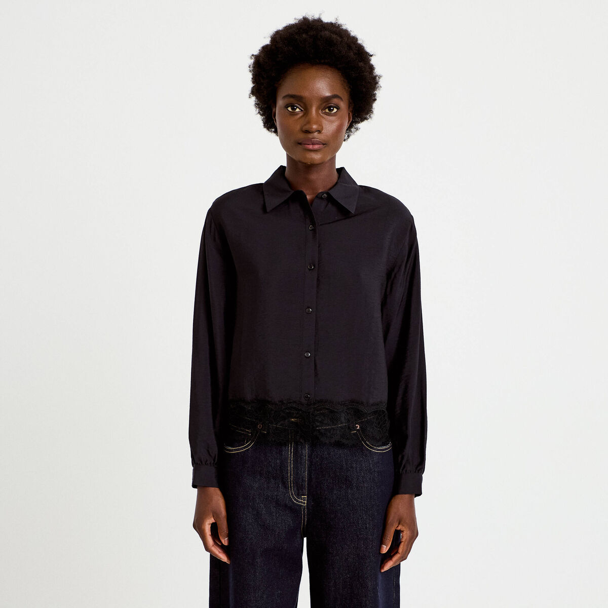 Chemise droite manches longues dentelle noir femme