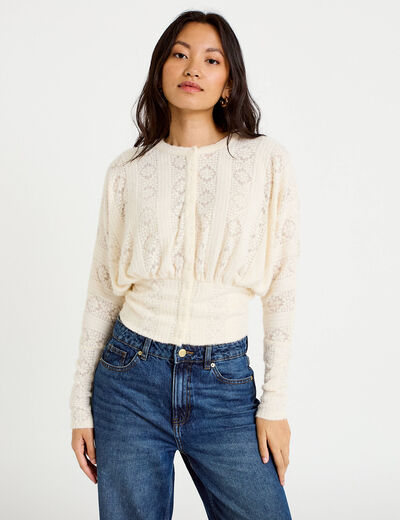 Gilet cintr&eacute; dentelle col rond ivoire femme