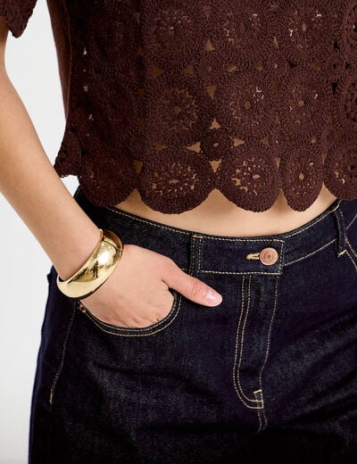T-shirt macram&eacute; col rond marron fonc&eacute; femme