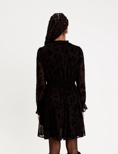 Robe courte &eacute;vas&eacute;e col v manches longues noir femme