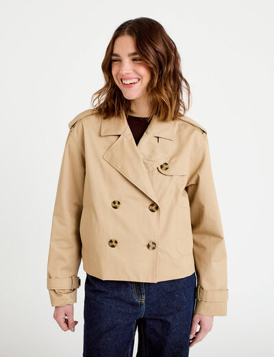 Trench droit court col tailleur sable femme