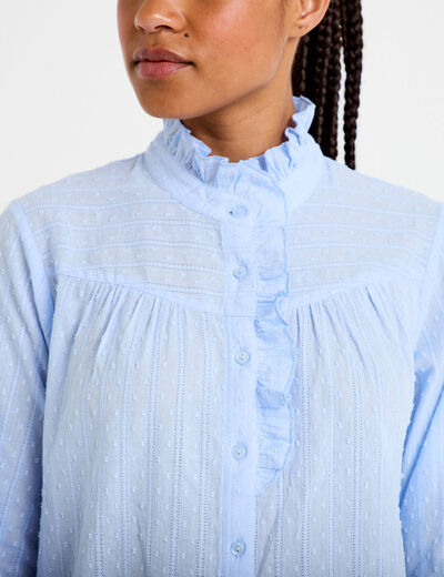 Chemise col montant manches longues bleu clair femme