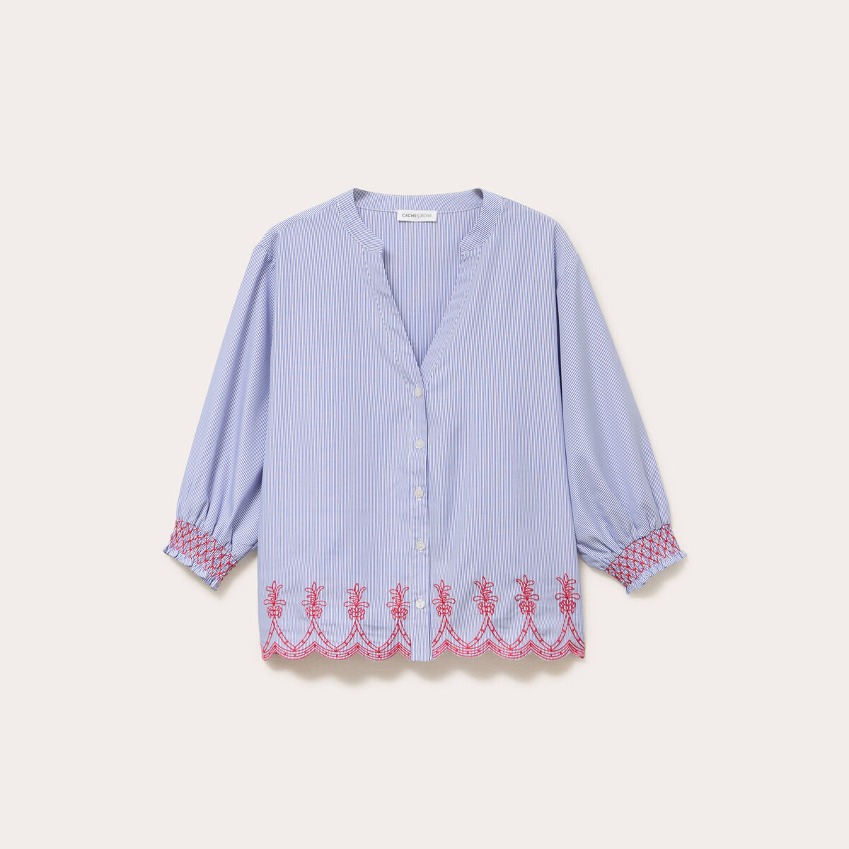 Blouse brod&eacute;e col V manches 3/4 bleu roi femme