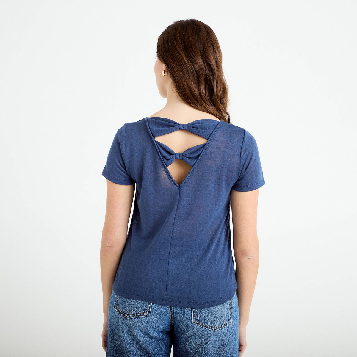 T-shirt noeuds dos bleu fonc&eacute; femme