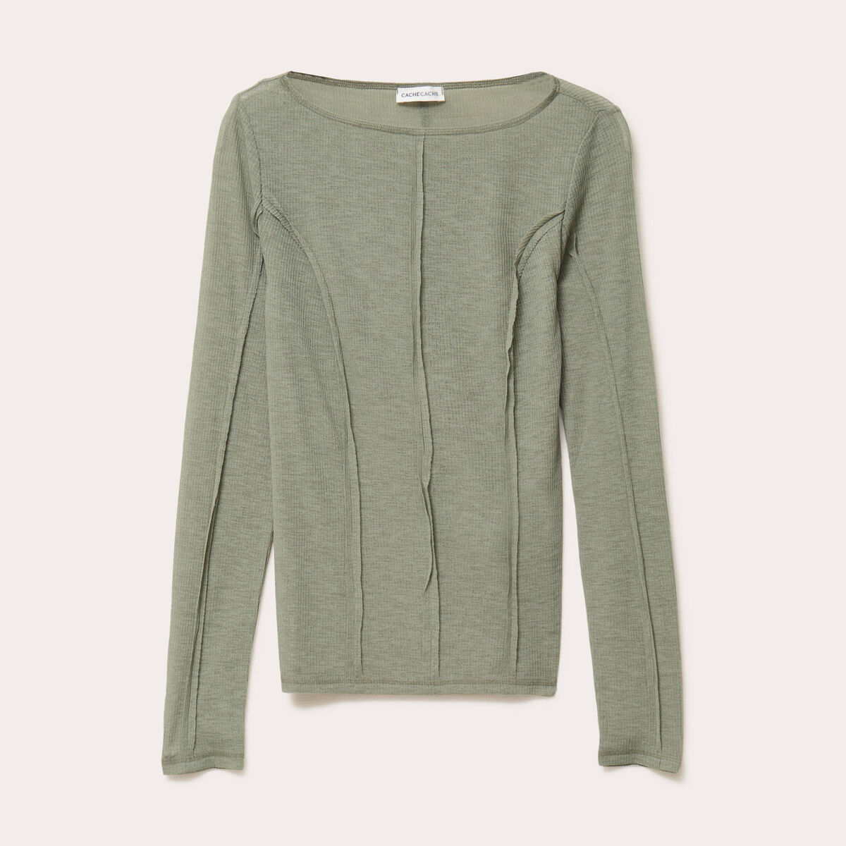 T-shirt cintr&eacute; col rond manches longues vert kaki femme