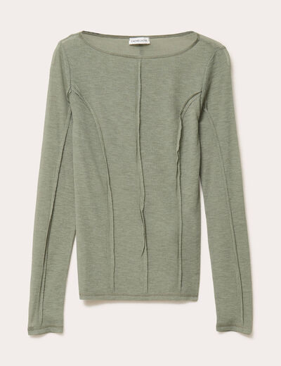 T-shirt cintr&eacute; col rond manches longues vert kaki femme